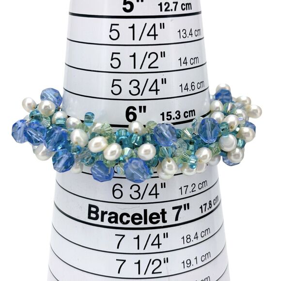 Vintage Sterling Silver 925 Freshwater Pearl Crystal Bead Bracelet 5.5"-6.75" - Picture 3 of 5